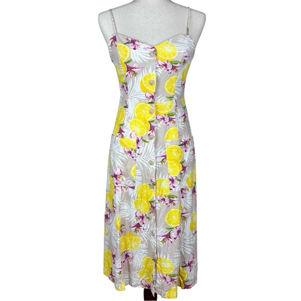 Forever 21 Lemon Floral Tropical Print Dress Linen Blend S Beach Boho Open Back